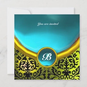 Invitation DAMASK GEM STONE MONOGRAMME bleu aquamarine jaune