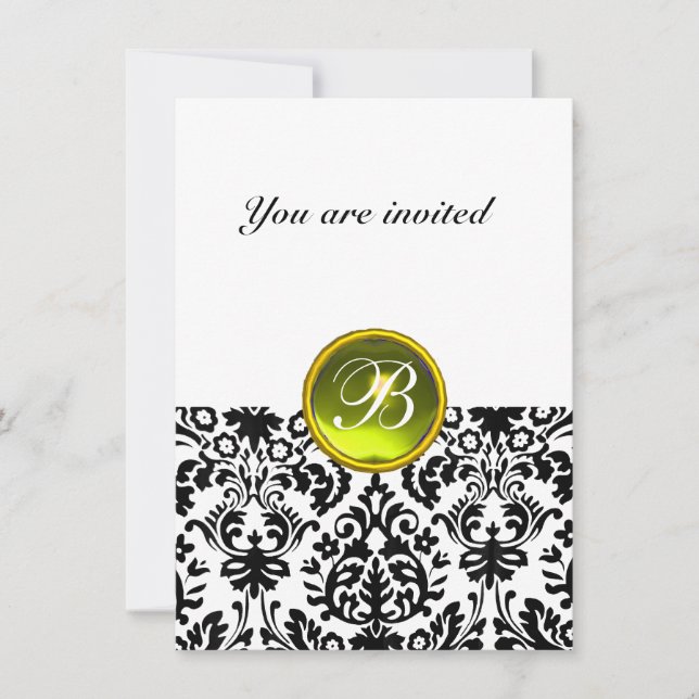 Invitation DAMASK GEM STONE MONOGRAMME jaune blanc rsvp (Devant)