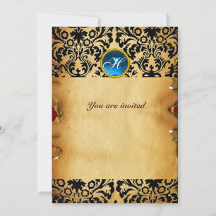 Invitation DAMASK GEMME MONOGRAMME parchemin bleu