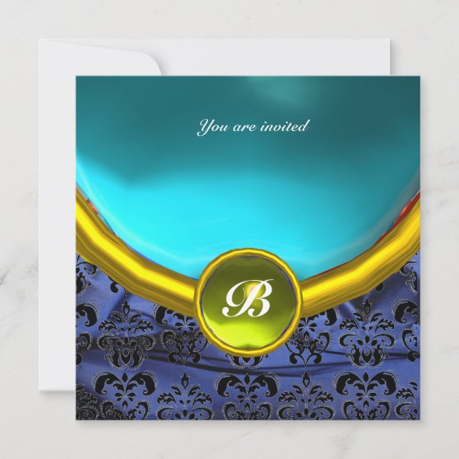 Invitation DAMASK GEMME MONOGRAMME soie pourpre bleue (Devant)