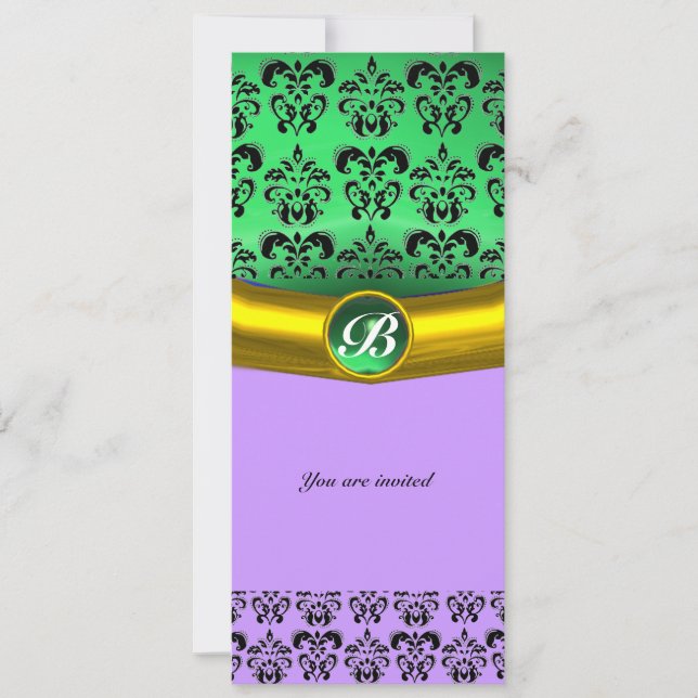 Invitation DAMASK GEMME MONOGRAMME vert, violet, rose (Devant)
