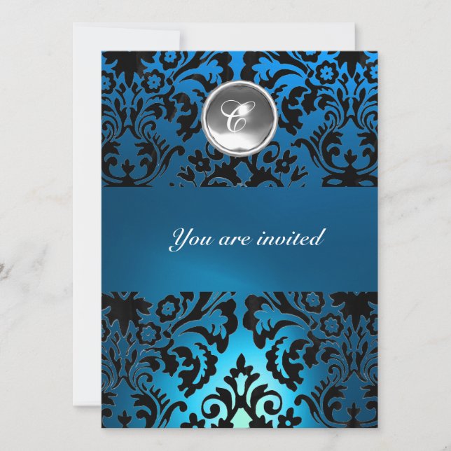 Invitation DAMASK GEMME NOIR & BLEU MONOGRAMME pierre blanche (Devant)