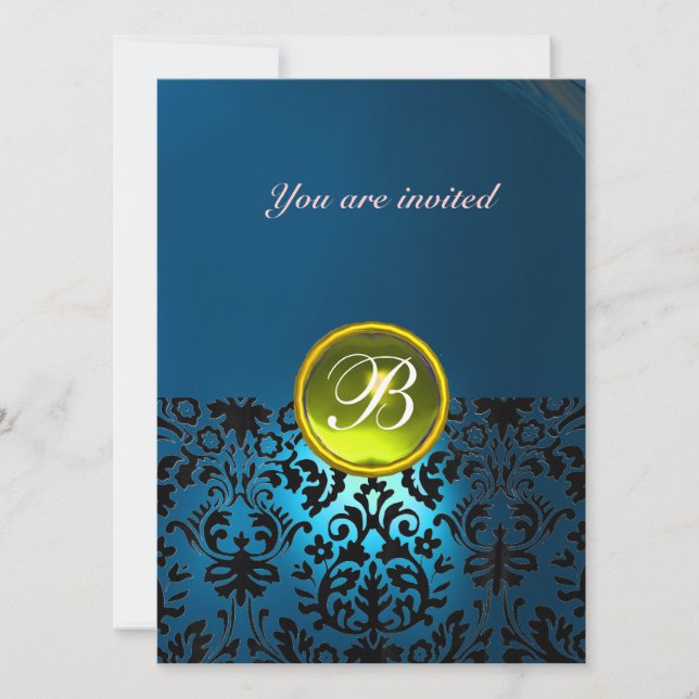 Invitation DAMASK GEMME PIERRE MONOGRAMME bleu jaune rsvp (Devant)
