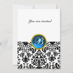 Invitation DAMASK GEMME PIERRE MONOGRAMME bleu saphir avec