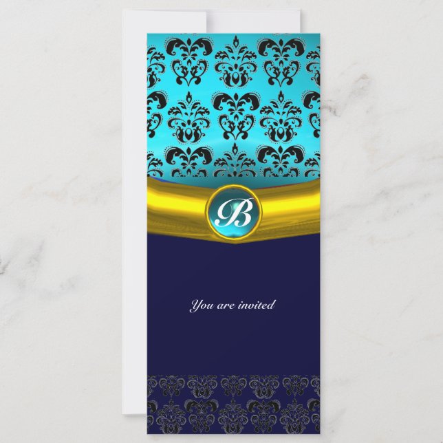 Invitation DAMASK GEMME PIERRE MONOGRAMME ,bleu turquoise (Devant)