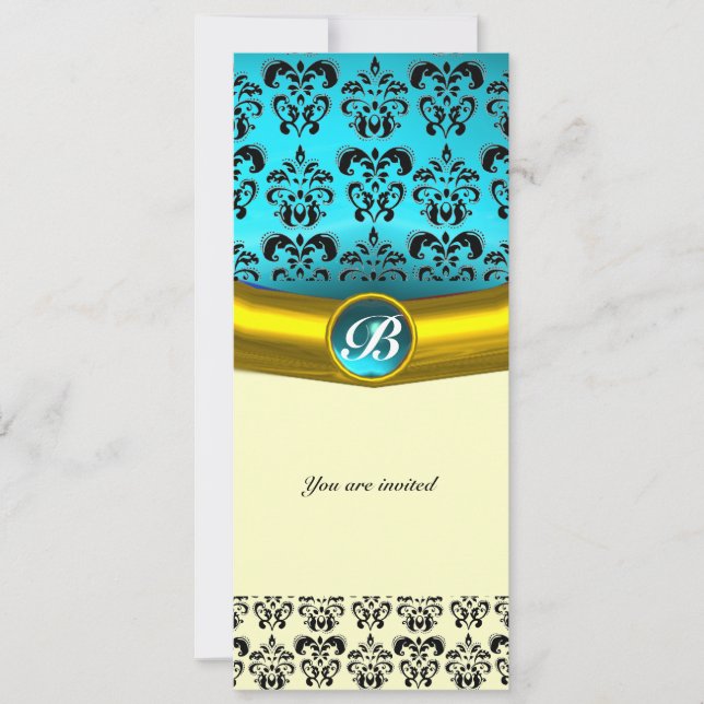 Invitation DAMASK GEMME PIERRE MONOGRAMME ,bleu turquoise (Devant)