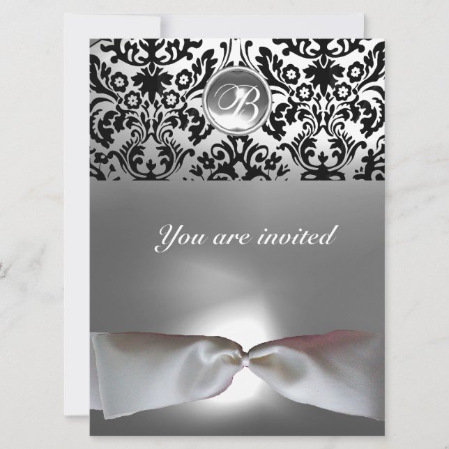 Invitation DAMASK GEMME PIERRE MONOGRAMME ruban blanc gris no (Devant)