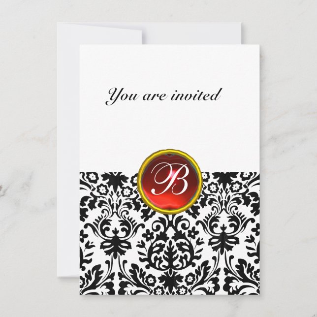 Invitation DAMASK GEMME PIERRE MONOGRAMME rubis rouge blanc r (Devant)