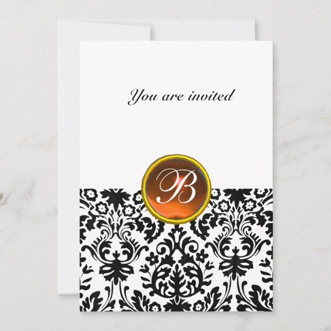 Invitation DAMASK GEMME PIERRE MONOGRAMME topaze orange blanc (Devant)