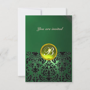 Invitation DAMASK GEMME PIERRE MONOGRAMME vert jaune rsvp