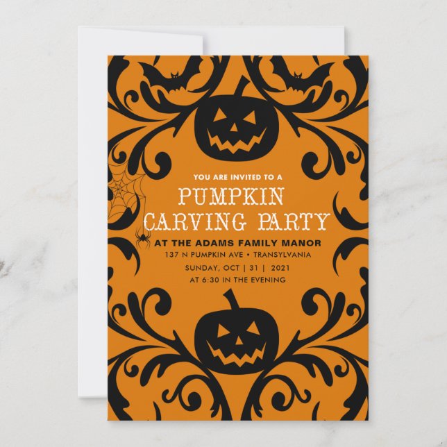Invitation Damask Glam Halloween Citrouille Carving (Devant)