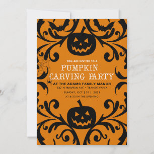 Invitation Damask Glam Halloween Citrouille Carving