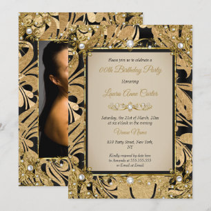Invitation Damask Gold Beige Pearl Photo Anniversaire