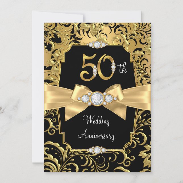 Invitation Damask Gold Bow noir diamant 50e anniversaire (Devant)