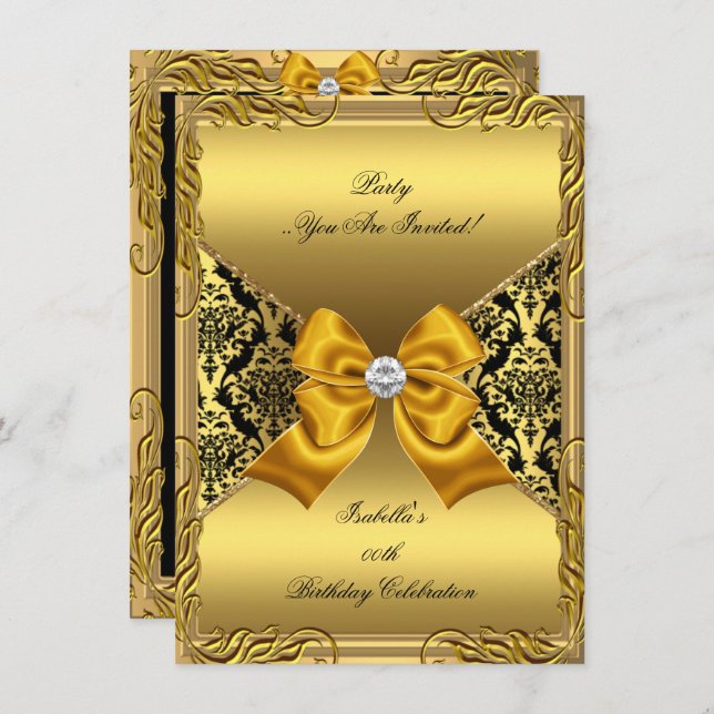 Invitation Damask Gold Bronze Diamond Black Anniversaire Part (Devant / Derrière)