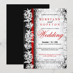 Invitation Damask Mariage moderne en blanc, noir et rouge Inv