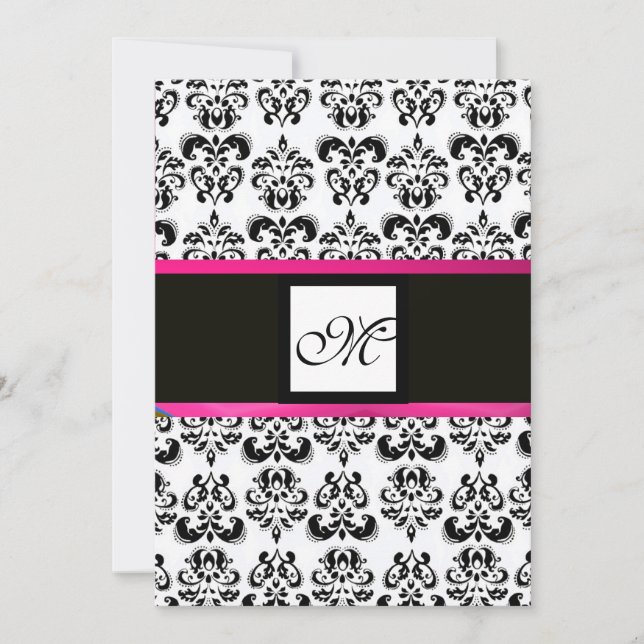 Invitation DAMASK MONOGRAM, noir blanc, rose fuchsia violet (Devant)