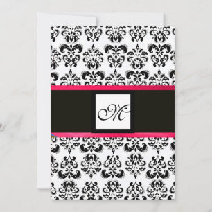 Invitation DAMASK MONOGRAM, noir et blanc, fuchsia rose