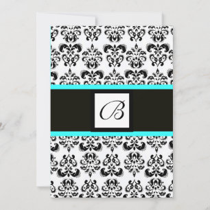 Invitation DAMASK MONOGRAM, noir et blanc, turquase bleue