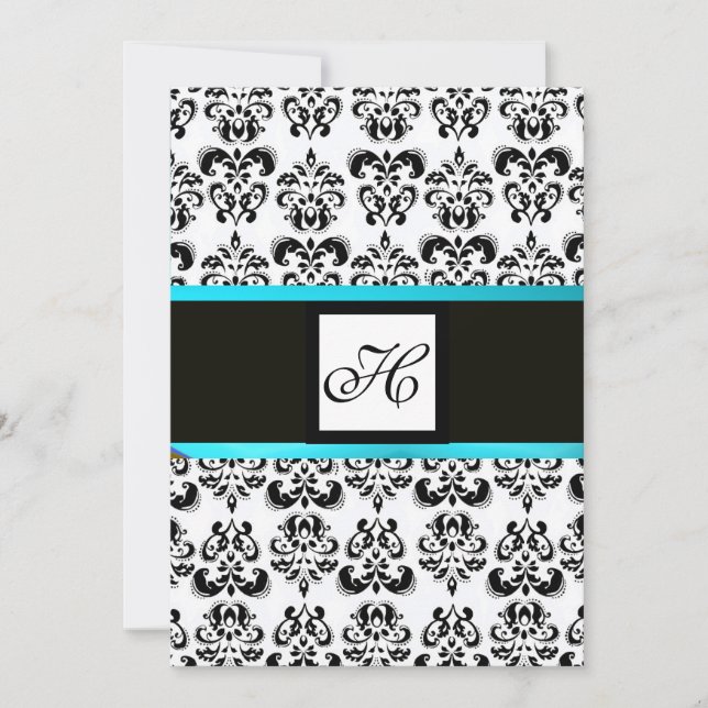 Invitation DAMASK MONOGRAM, noir et blanc, turquase bleue (Devant)
