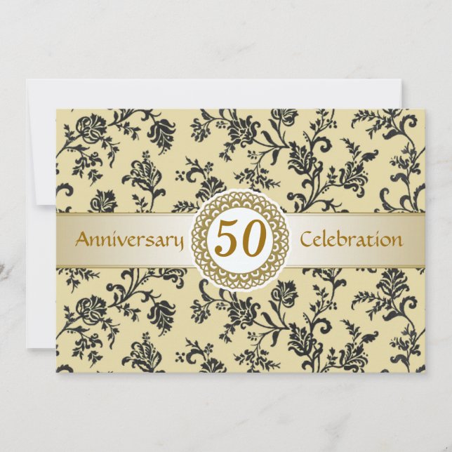 Invitation Damask Noir Doré, 50e Anniversaire de Mariage (Devant)