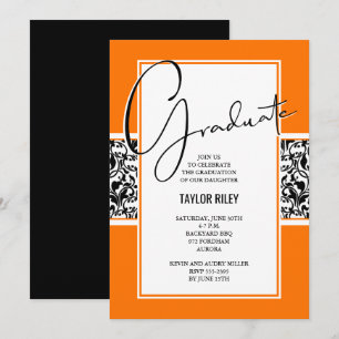 Invitation Damask Orange Black Graduation Party