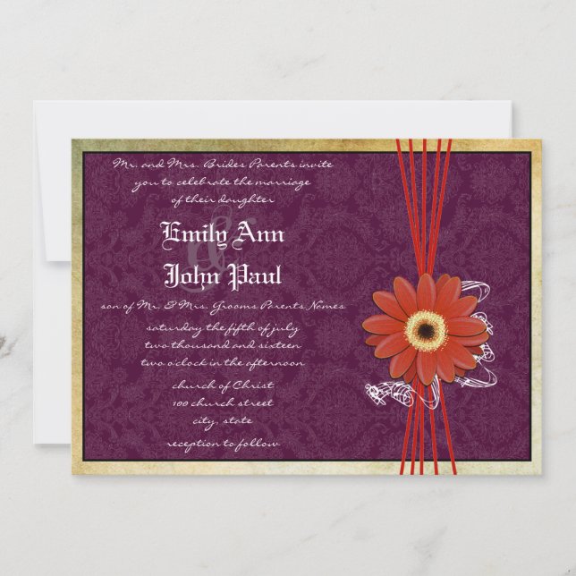 Invitation Damask Orange Purple Gerber Daisy Mariage Inviter (Devant)
