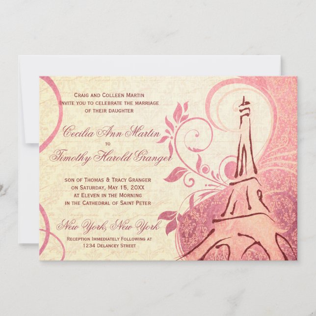 Invitation Damask Parisienne - Honeysuckle & Mariage ivoire (Devant)