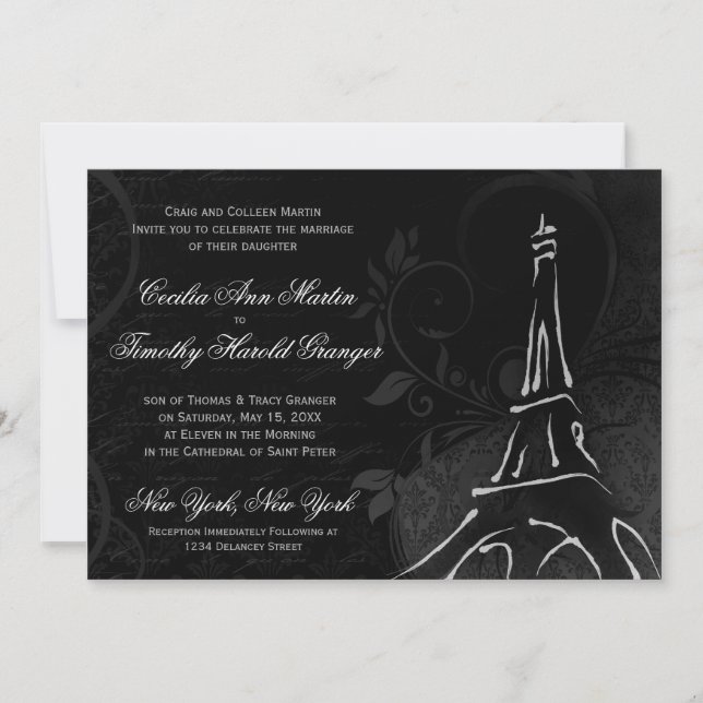 Invitation Damask Parisienne - Mariage noir de minuit (Devant)