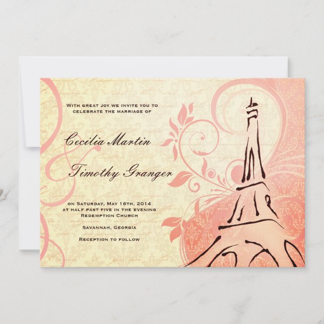 Invitation Damask Parisienne - Mariage rose et crème (Devant)
