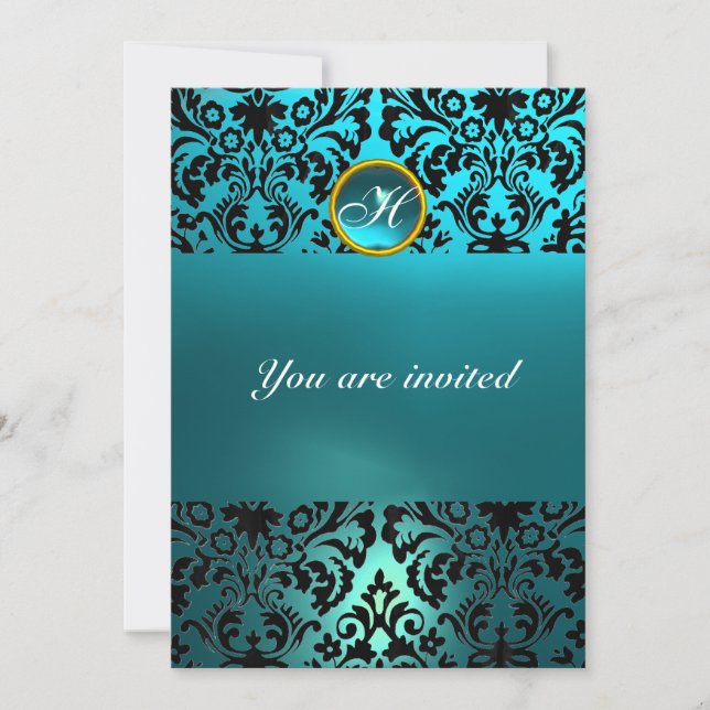 Invitation DAMASK PIERRE PRÉCIEUSE MONOGRAMME bleu aigue-mari (Devant)