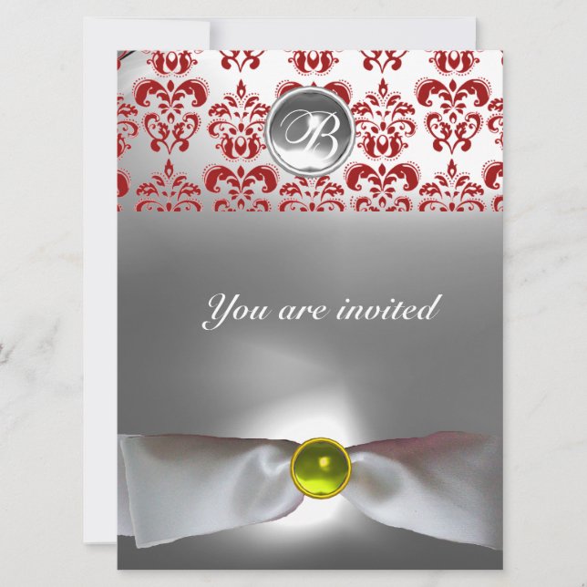 Invitation DAMASK PIERRE PRÉCIEUSE MONOGRAMME ruban blanc gri (Devant)