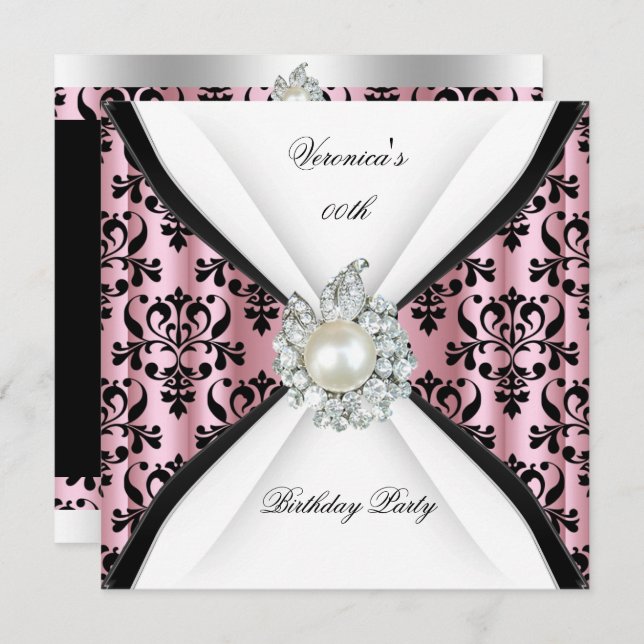 Invitation Damask Pink Pearl Diamond fête d'anniversaire (Devant / Derrière)