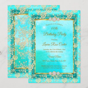 Invitation Damask rose bleu turquoise or fête d'anniversaire