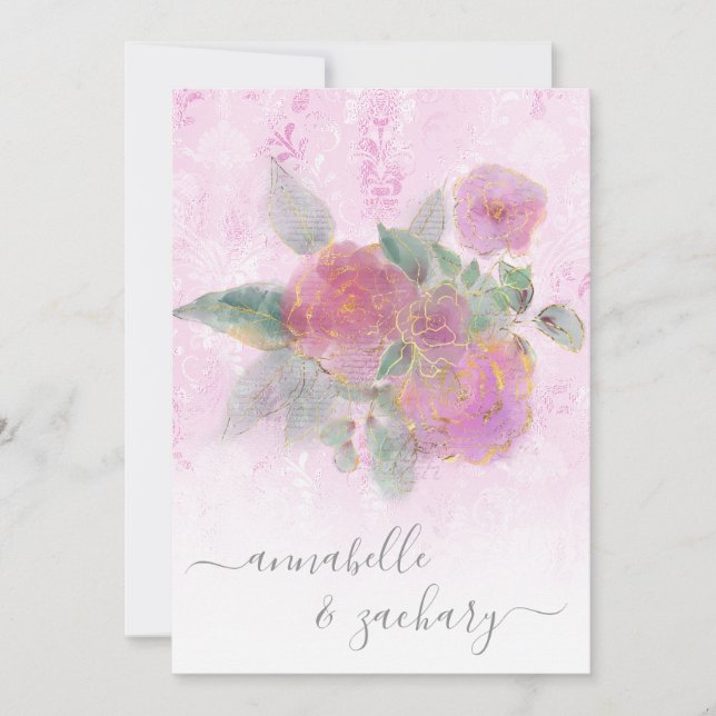 Invitation *~* Damask RSVP - QR Rose Bouquet AR12 Mariage Inv (Devant)