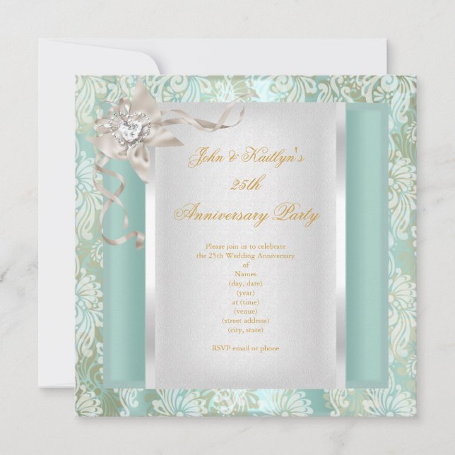 Invitation Damask sarcelle argent blanc 2 25e anniversaire (Devant)