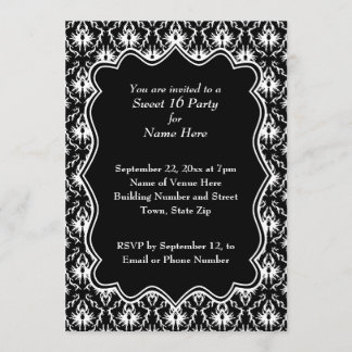 Invitation Damask Sweet 16 en noir et blanc.