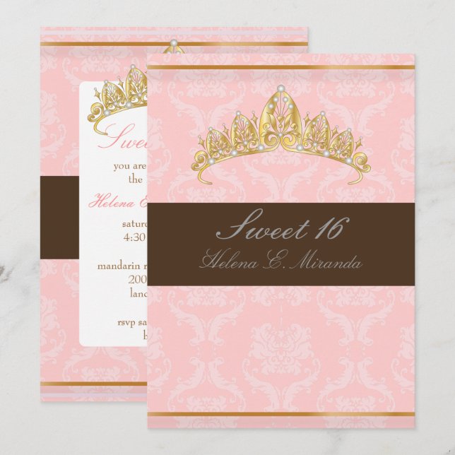 INVITATION DAMASK SWEET 16/TIARA/PINK/CHOCOLATE (Devant / Derrière)