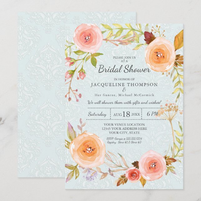 Invitation Damask Typographie Bleu n rose Floral Wreath Bride (Devant / Derrière)