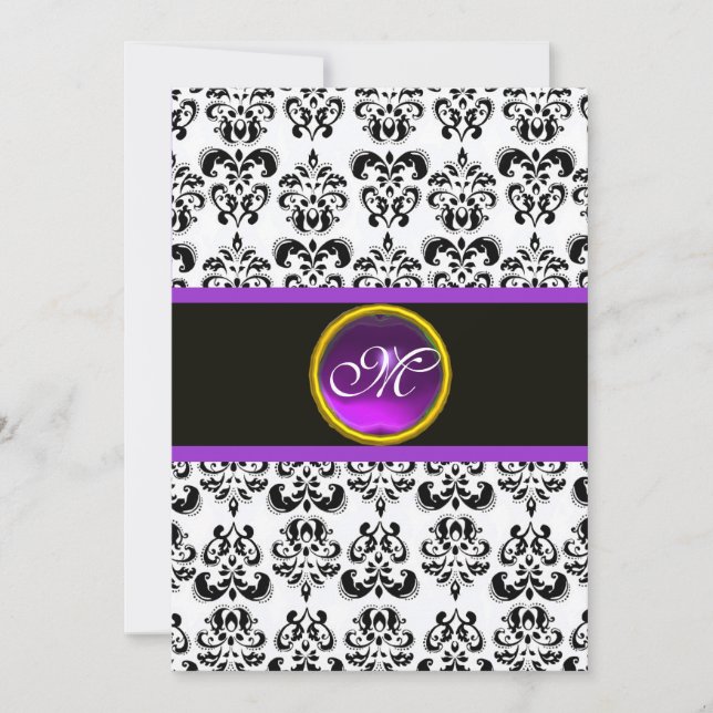 Invitation DAMASK VIOLET AMÉTHYSTE MONOGRAMME, noir et blanc (Devant)