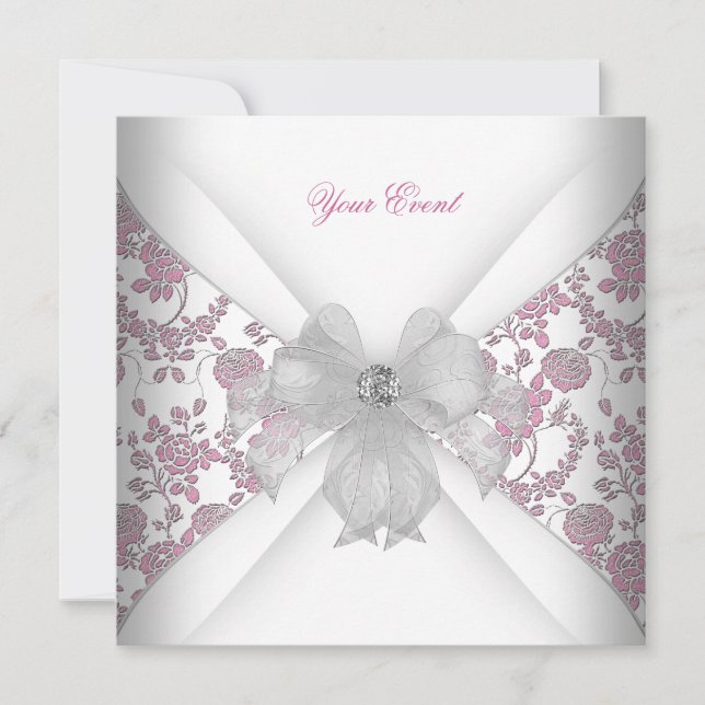 Invitation Damask White Rose Floral Jewel Bow Party (Devant)