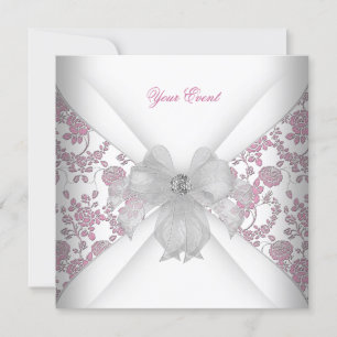 Invitation Damask White Rose Floral Jewel Bow Party