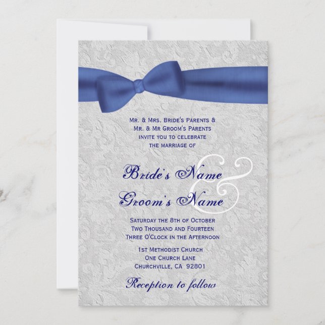 Invitation Damassé argentée et mariage d'arc de bleu royal (Devant)