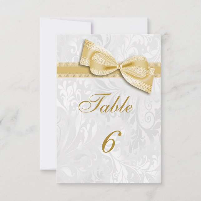 Invitation Damassé blanc et nœud factice doré (Dos)