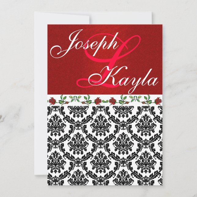 Invitation Damassé et mariage de roses rouge élégant et noir (Devant)