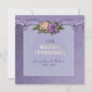 Invitation Damassé et Roses Violettes 15e Anniversaire de Mar