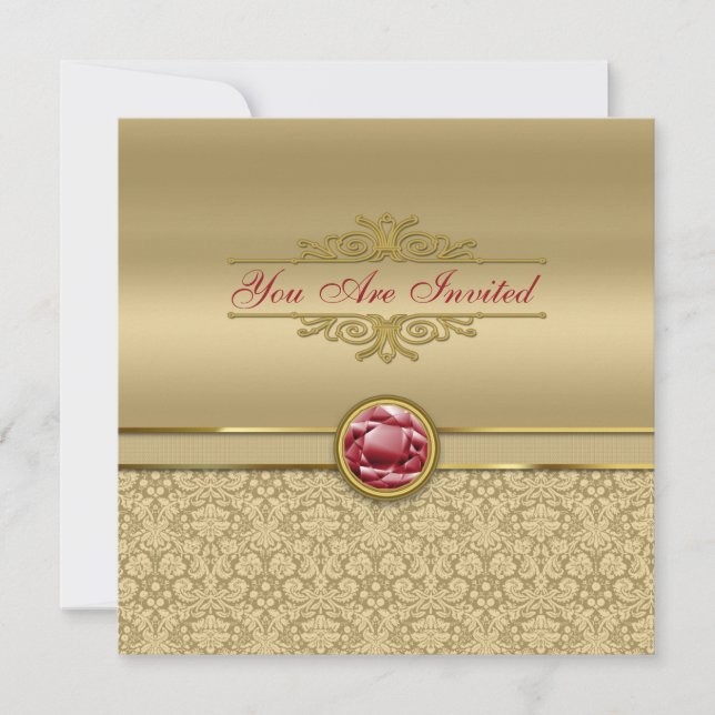 Invitation Damassé métallique d'or de pierre gemme rouge (Devant)
