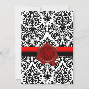 INVITATION DAMASSÉ NOIR & BLANC, MONOGRAMME SOUS CIRE ROUGE