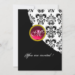 Invitation DAMASSÉ NOIR ET BLANC MONOGRAMME,rouge rubis,fuchs