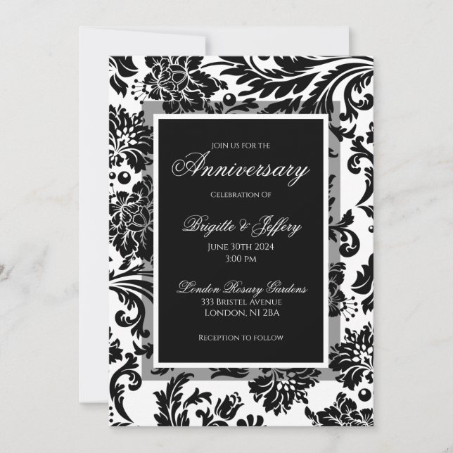 Invitation Damassé noir et blanc sur mesure pour anniversaire (Devant)